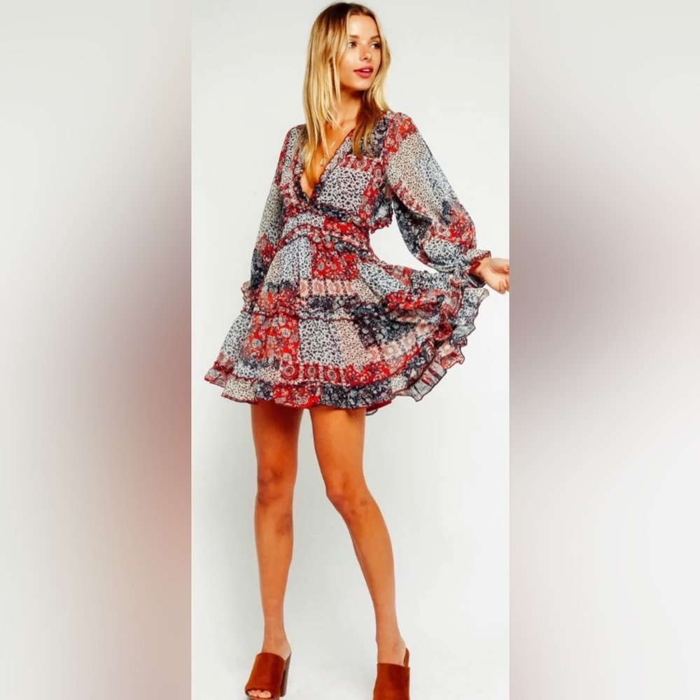 Olivaceous Red & Blue Patchwork Style Open Back Ruffled Trims & V-Neck Dress